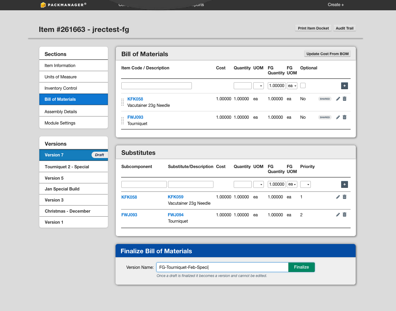 specify version name on bill of materials