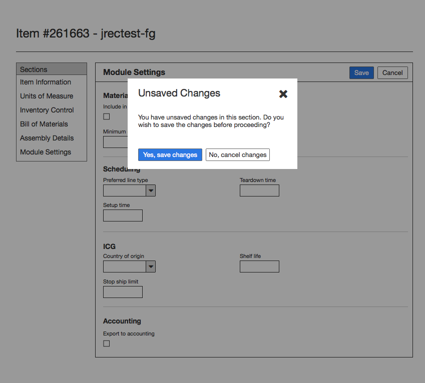 Confirmation modal for unsaved changes